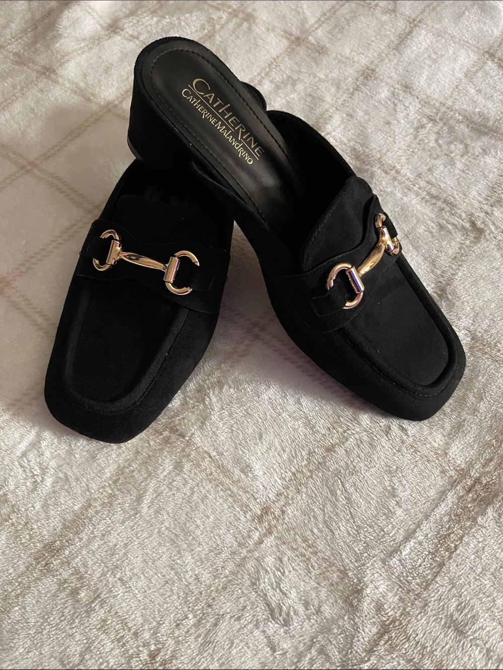 Catherine Malandrino Black Suede Mule with Gold Bit Hardware